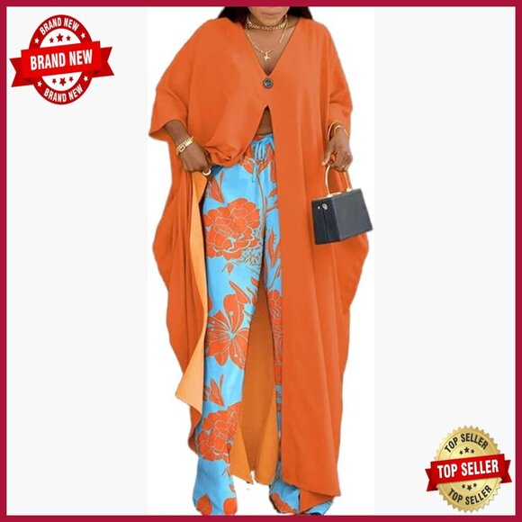 Pants - Plus Size Floral Print 2-Piece Set Long Cardigan Wide Leg Pants